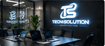 Escritório da TECNISOLUTION com logotipo iluminado